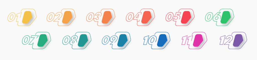 Bullet points numbers 1 to 12 list markers for infographic, process, sequential processes, timeline, annual highlights, progress