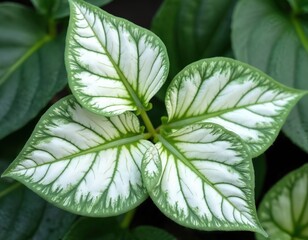 White and green patterned leaves of a caladium plant closeup. Heart shaped leaves form a natural pattern. Dark background focuses attention on plant.