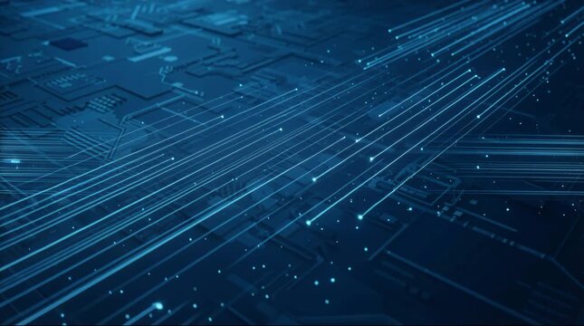 abstract blue technology background featuring glowing fiber optic light trails and digital circuit board patterns for data transfer high speed internet connectivity and cyber security concepts