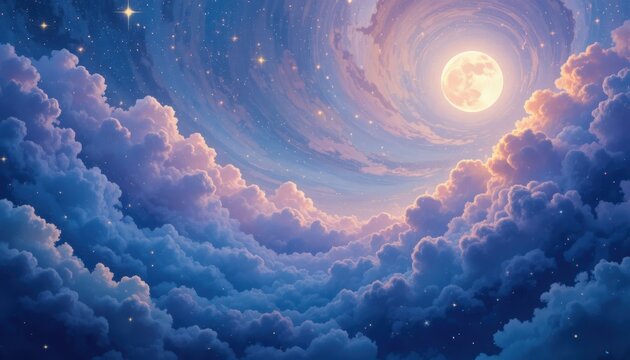 Dreamy night sky with full moon shining through purple clouds - Powered by Adobe