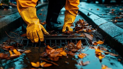 worker in yellow rubber gloves and rubber gloves with fallen autumn leaves on a wet asphalt.