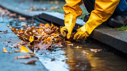 worker in yellow rubber gloves and rubber gloves with fallen autumn leaves on a wet asphalt.