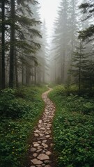 Fototapeta premium Mysterious stone path winding through a misty, dense forest of tall pine trees on a foggy day, evoking a peaceful and enchanting atmosphere.