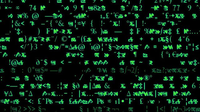 Rows of symbols and code scroll on a black screen