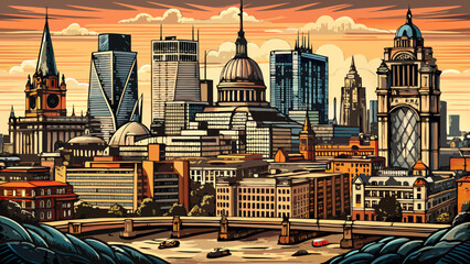 Very beautiful vintage-style engraving sketch illustration of London cityscape with tall buildings, presenting a detailed artistic interpretation suitable for posters, prints, and design backgrounds.