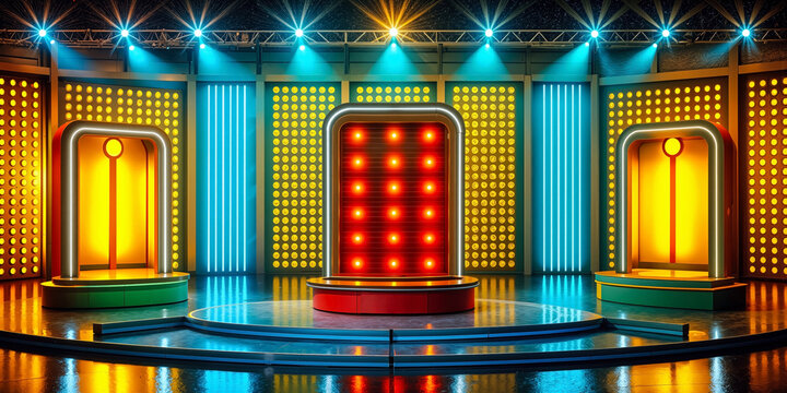 Retro style game show stage with lights and vibrant illuminated contestant podiums for television production