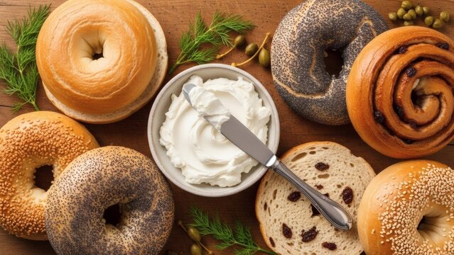 Assorted bagels with cream cheese spread on wooden table for National Bagel Day