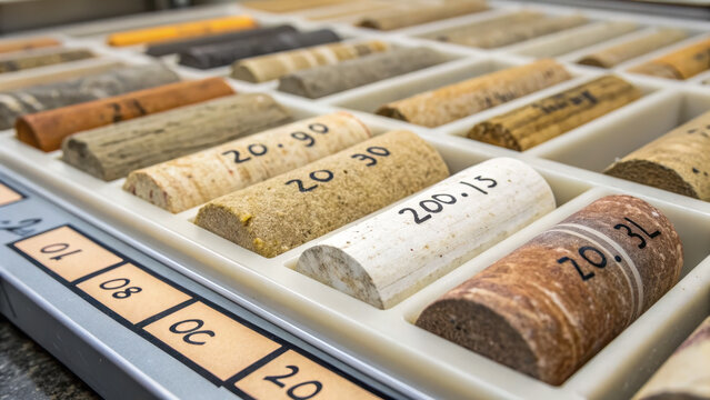 Macro photo of labeled geological core samples neatly arranged in white tray with numeric identification marks