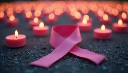 Numerous glowing pink candles form a ribbon shape, symbolizing breast cancer awareness. A visual representation of support remembrance and unity for a cause.