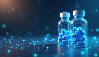 Two glass bottles filled with blue capsules rest on digital network. Represents healthcare, pharma, medical tech. Scene uses low poly, geometric style, with glowing connections. Innovation,