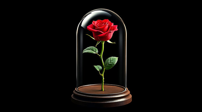 Enchanted Red Rose Under a Glass Dome Cloche on a Dark Black Background, Beauty and the Beast Concept