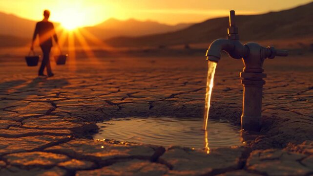 Water Scarcity Concept with Running Tap in Dry Desert