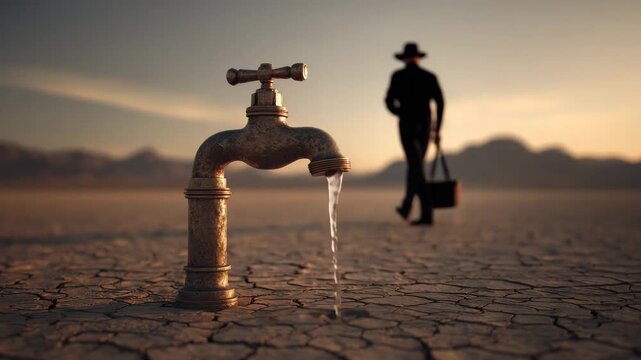 Water Scarcity Concept with Empty Tap in Desert