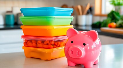 A piggy bank with a stack of coins in the kitchen and food containers
