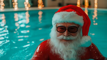 Portrait of a happy smiling Santa Claus in a swimming pool