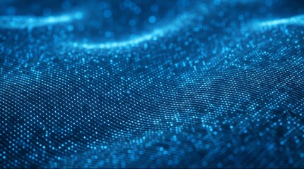 Abstract digital technology background with blue glowing particle waves and network grid lines representing big data flow cybersecurity cloud computing and artificial intelligence - Powered by Adobe
