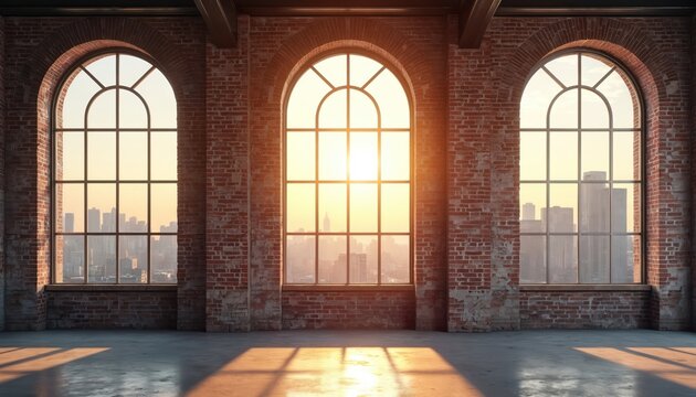 Vast industrial loft space with red brick walls and large arched windows. City skyline visible through windows during golden hour sunset. Concrete floor shows dramatic light shadows.