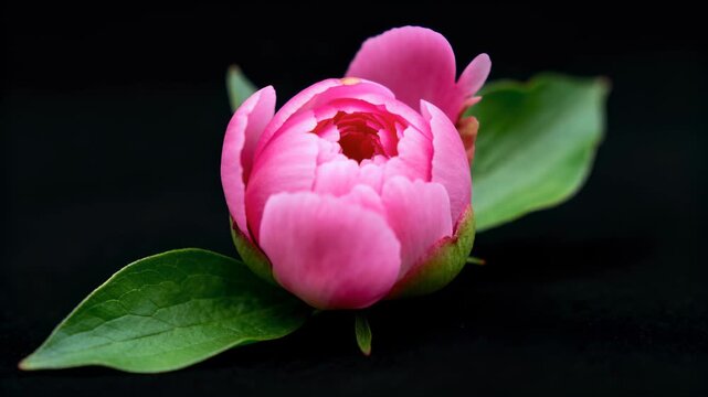 Time lapse,  growing blossom, single pink peony flower with green leaves is displayed against dark background, evoking tranquility and natural beauty, floral, serenity, blossom, springtime