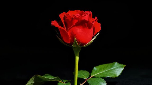 Time lapse,  growing blossom,single, glossy red rose in full bloom sits against black background, showcasing its velvety petals and curved green stem, evoking elegance and romanticism, love, affection