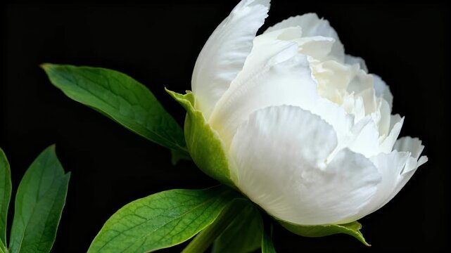 Time lapse,  growing blossom, pristine white peony flower in full bloom rests on black background, showcasing ruffled petals and glossy green leaves, evoking tranquility., serenity, beauty, elegance,