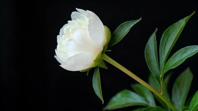 Time lapse,  growing blossom,pristine white peony flower dominates black background, with green leaves extending upwards, conveying tranquility, floral elegance, springtime festivity, purity, new begi