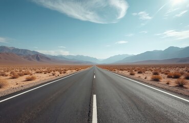 Empty asphalt road stretches toward distant mountains under a vast blue sky. Desert landscape with sparse dry bushes lines the highway, suggesting travel and adventure.