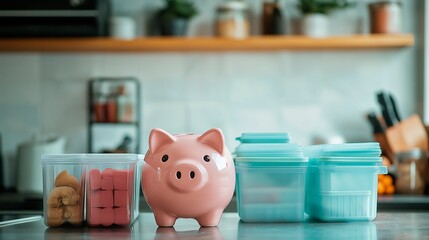 A piggy bank with a stack of coins in the kitchen and food containers