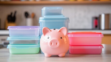 A piggy bank with a stack of coins in the kitchen and food containers