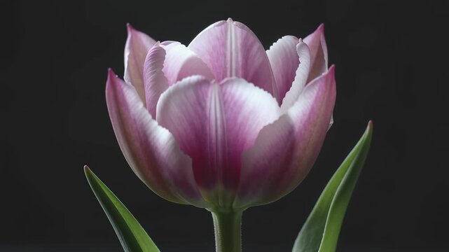 Time lapse,  growing blossom,single purple tulip in full bloom stands against dark background, showcasing its rich color and delicate petals, evoking tranquility and elegance, floral design, nature, b