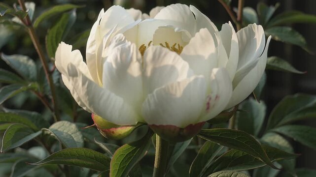 Time lapse,  growing blossom, single white peony bud in full bloom with green leaves, conveying tranquility and beauty, themesfloral elegance, serene nature, botanical art, springtime bloom, observanc