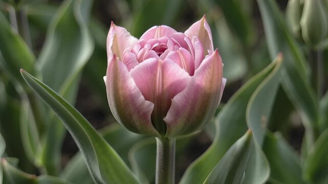 Time lapse,  growing blossom,single pink tulip in full bloom stands against lush green foliage, radiating tranquility and beauty, springtime festivity, serenity, floral, blossom