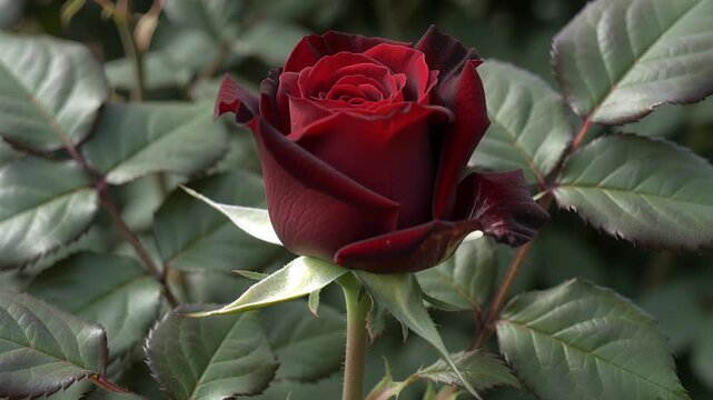 Time lapse,  growing blossom,single red rose bud is opening, surrounded by lush green leaves in natural setting, conveying tranquility and romantic beauty, nature, love, celebration, springtime., Love