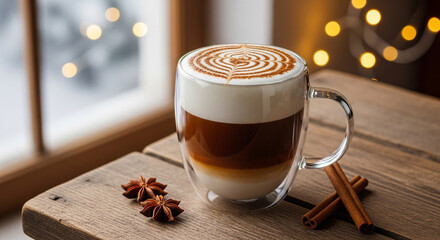 Coffee Latte with Latte Art in Clear Glass Mug on Rustic Wooden Table with Warm Lighting for Cafe Menu