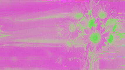 abstract neon pink and bright green sunflower bouquet illustration with heavy grainy noise texture and horizontal motion blur effect mimicking glitch art style for retro background