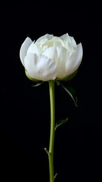 Time lapse,  growing blossom, solitary white flower in full bloom against black backdrop, its green stem and curled leaves highlighted, evokes tranquility and elegance, peace and celebration, springti