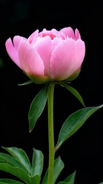 Time lapse,  growing blossom, single, pink peony flower in full bloom rests on green stem against black background, radiating tranquility and elegance, floral design, serenity, beauty, nature., Romant
