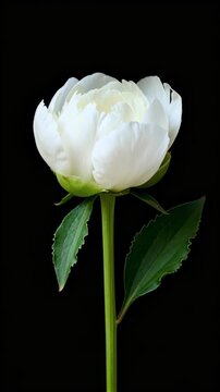 Time lapse,  growing blossom, single white flower in full bloom sits against black background, showcasing smooth petals and green leaves, serene and elegant., calmness, beauty, nature, purity., spring