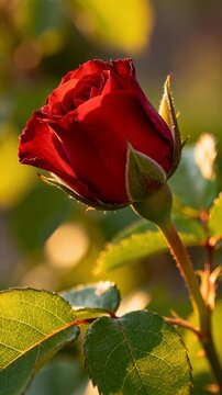Time lapse,  growing blossom, vibrant red rose in full bloom is displayed against blurred green backdrop, evoking tranquility and natural beauty, with themes of love, nature, springtime, and floral ar