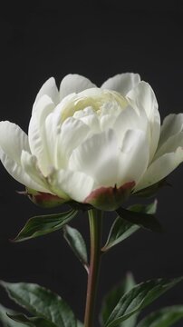 Time lapse,  growing blossom, white peony flower in full bloom sits on green stem with visible leaves against dark background, conveying tranquility and elegance, floral, serenity, beauty, nature, cel