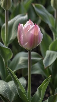 Time lapse,  growing blossom,pink tulip bud with yellow hints, surrounded by fresh green leaves and dew droplets, in natural setting, tranquility, growth, nature, springtime. Springtime festivity