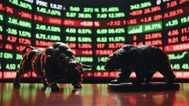 Amidst a vibrant backdrop of digital stock market data, striking bull and bear sculptures emerge with finesse, illustrating the constant push and pull of financial dynamics and emotional trading.