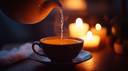 coffee cup with tea and teapot on table