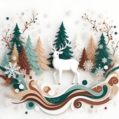 White deer standing among colorful trees and snowflakes in winter  