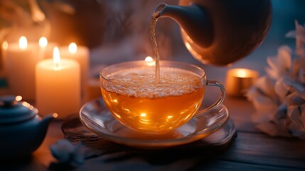 coffee cup with tea and teapot on table