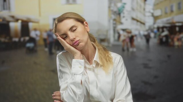 Tired young blonde woman standing on a busy city street with eyes closed, wearing a white blouse, against a blurred urban backdrop, expressing exhaustion outdoors in the daytime.