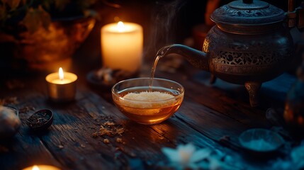 coffee cup with tea and teapot on table