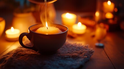 coffee cup with tea and teapot on table