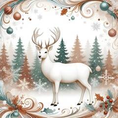 White reindeer standing amidst decorative winter forest scene  