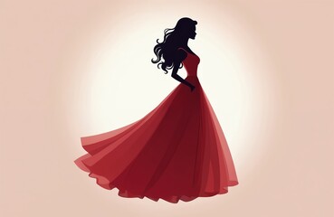 Black silhouette of woman in elegant red gown, wavy hair flowing. Represents beauty, fashion, elegance, confidence for branding or design backgrounds, suitable for elegant themes, glamorous events.