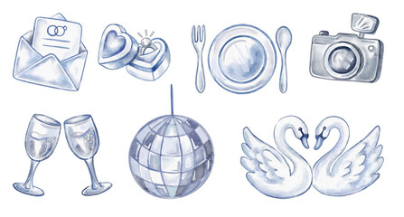 Watercolor wedding icons set with rings invitation envelope, hearts, dinner plate, camera, champagne glasses, disco ball, and swans. Romantic hand painted elements isolated on white background.